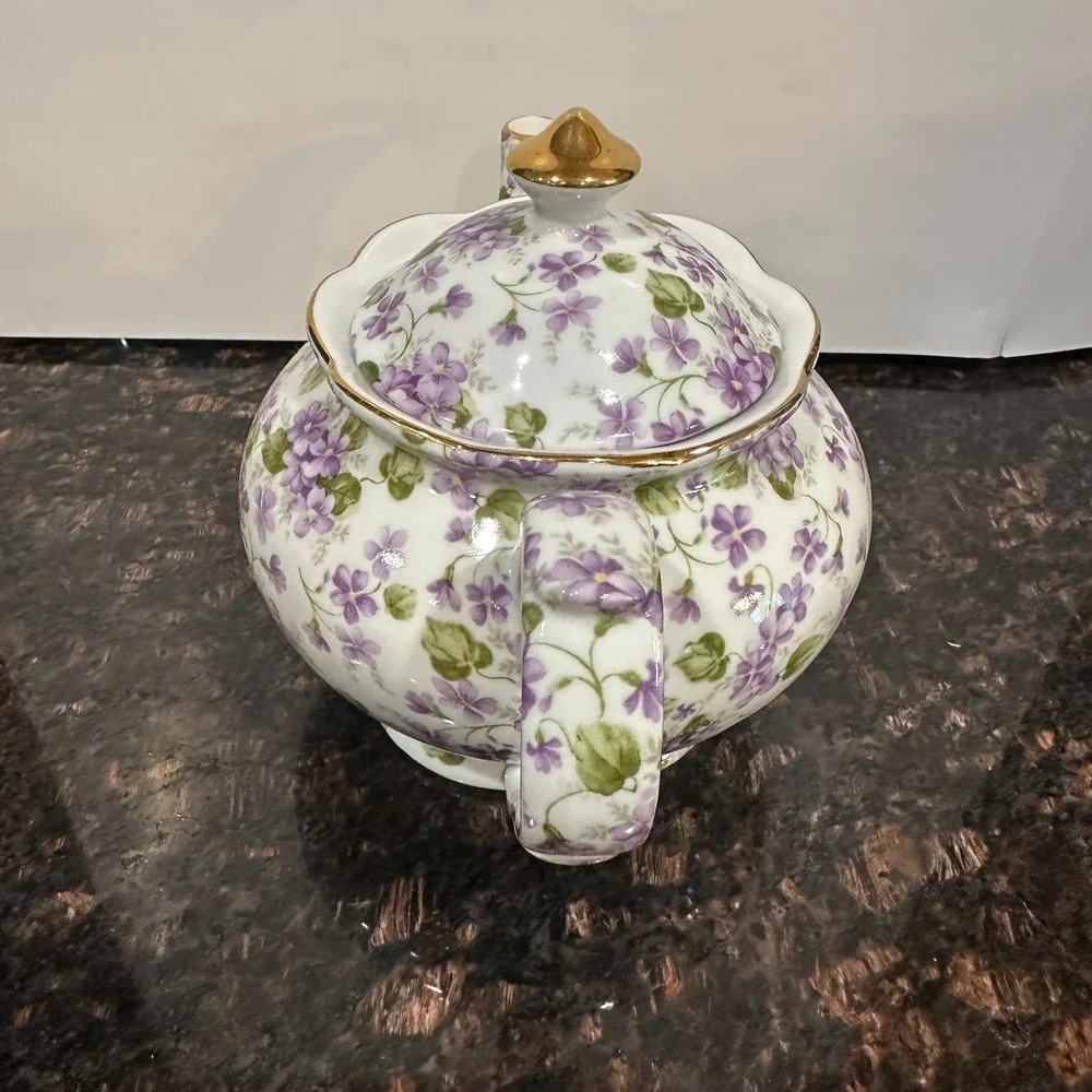 Victorias Garden Purple Violets Floral Porcelain Teapot Gold Trim China Glossy